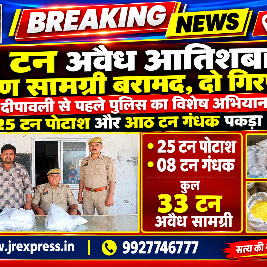 Hathras;33 टन अवैध आतिशबाजी निर्माण सामग्री बरामद, दो गिरफ्तार दीपावली से पहले पुलिस का विशेष अभियान, 25 टन पोटाश और आठ टन गंधक पकड़ा 12 1 19