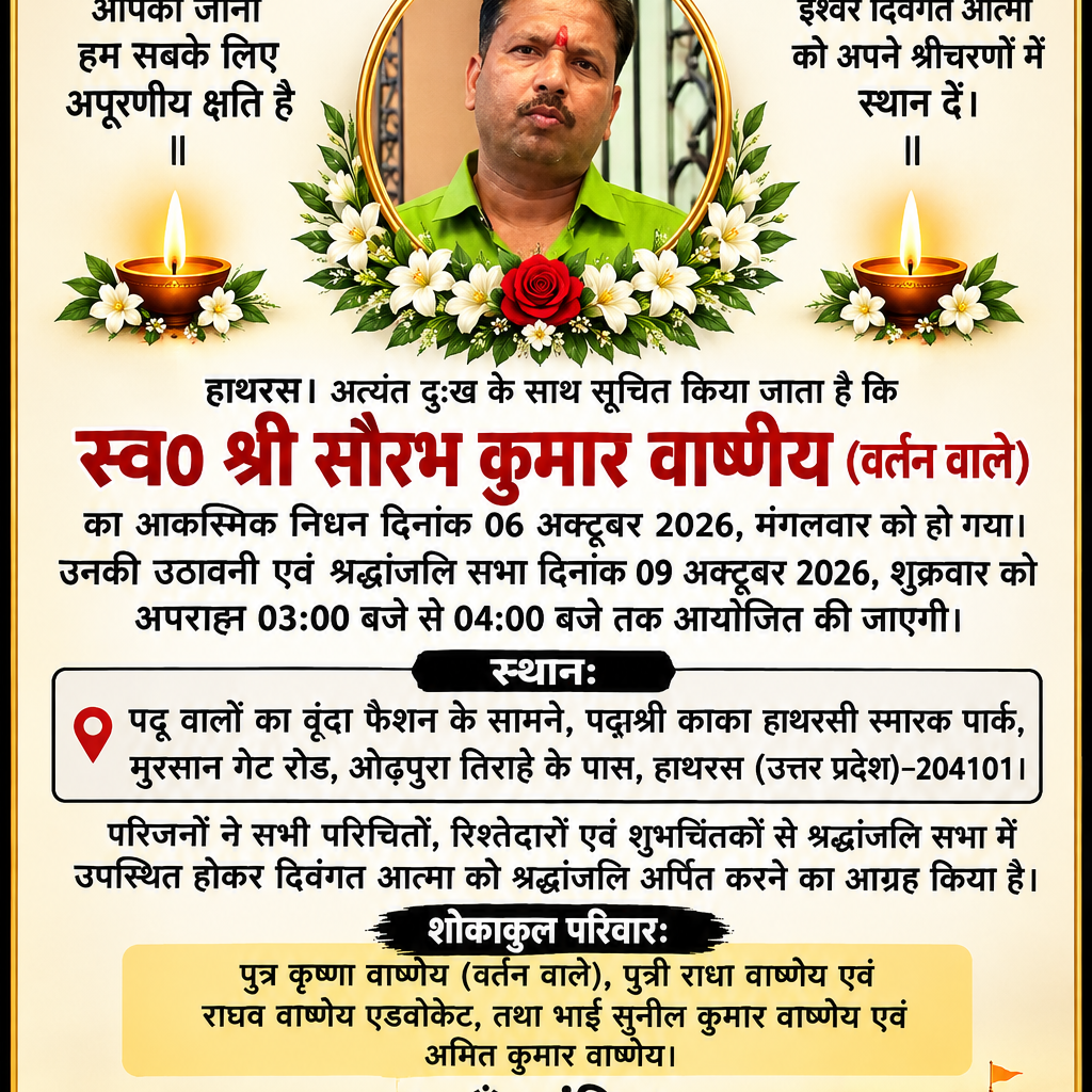 हाथरस। अत्यंत दुःख के साथ सूचित किया जाता है कि स्व० श्री सौरभ कुमार वार्ष्णेय (वर्तन वाले) का आकस्मिक निधन दिनांक 06 अक्टूबर 2026, मंगलवार को हो गया 12 1 24