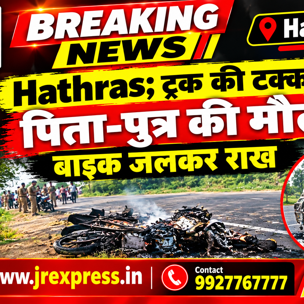 Hathras;ट्रक की टक्कर से पिता-पुत्र की मौत, बाइक जलकर राख 11 1 32